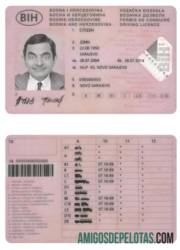 Carta de condução da Bósnia e Herzegovina exemplo